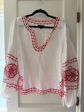 J. Crew White Tunic Top with Red Floral Embroidery